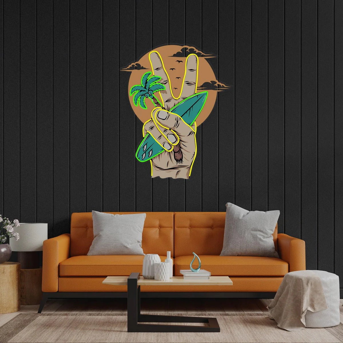 Beach Sunset Neon Sign, Surfboard LED Pop Art
