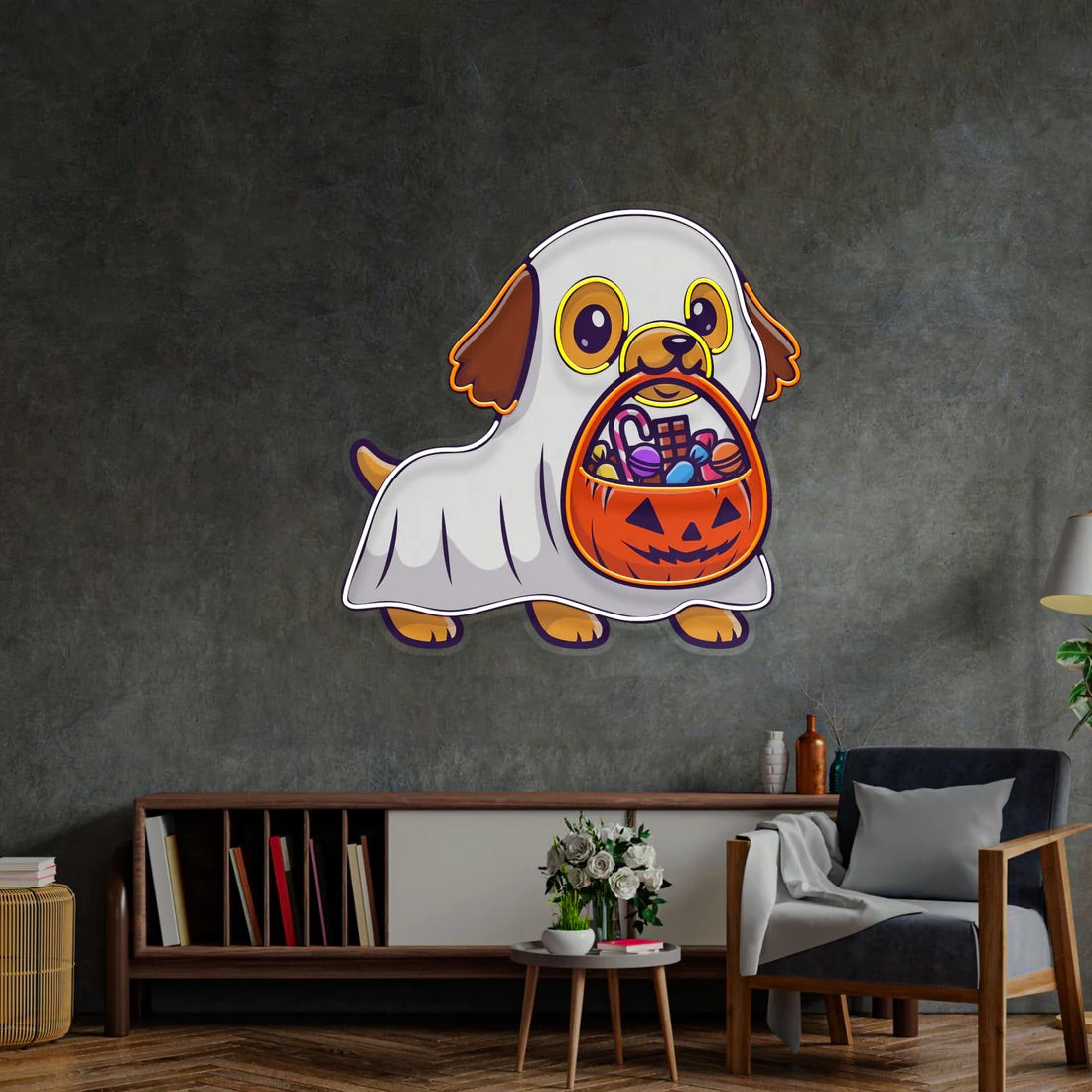 Cute Ghost Dog With Pumpkin Halloween Cartoon