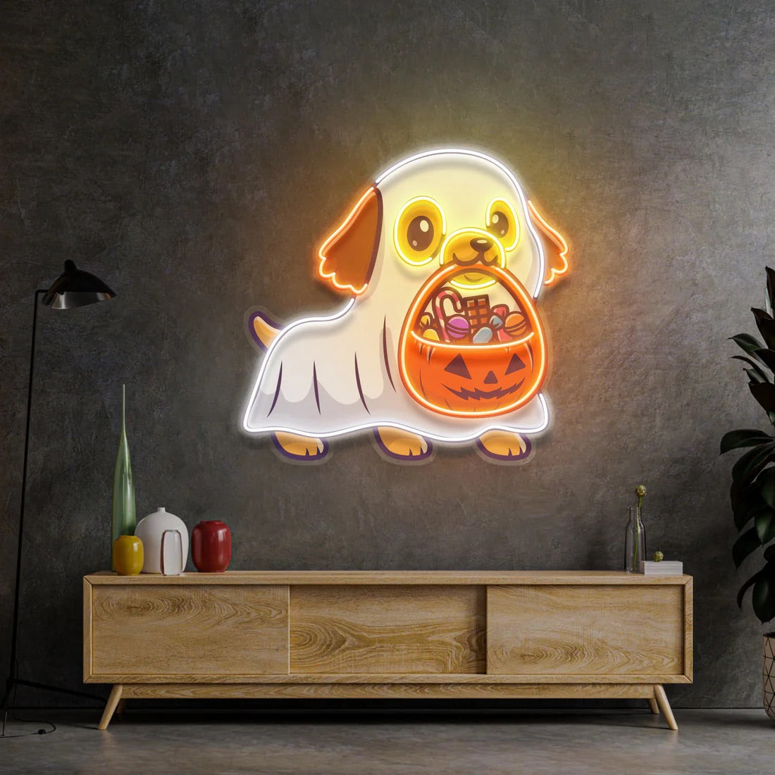 Cute Ghost Dog With Pumpkin Halloween Cartoon