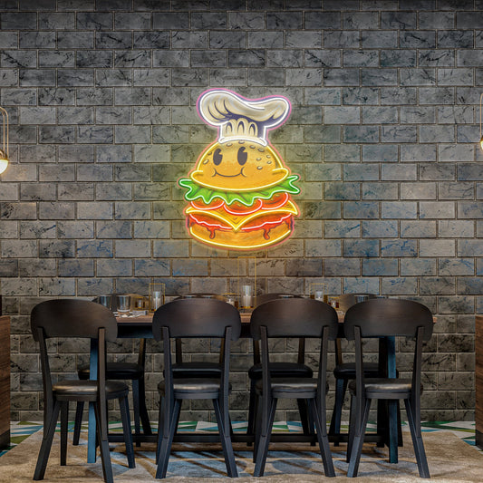 Burger Chef Food Cartoon Character Logo Mascot Artwork Led Neon Sign Light