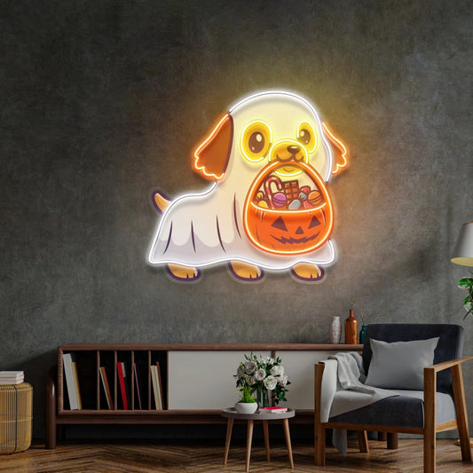 Cute Ghost Dog With Pumpkin Halloween Cartoon