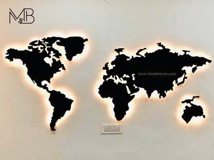 wooden world map with lights