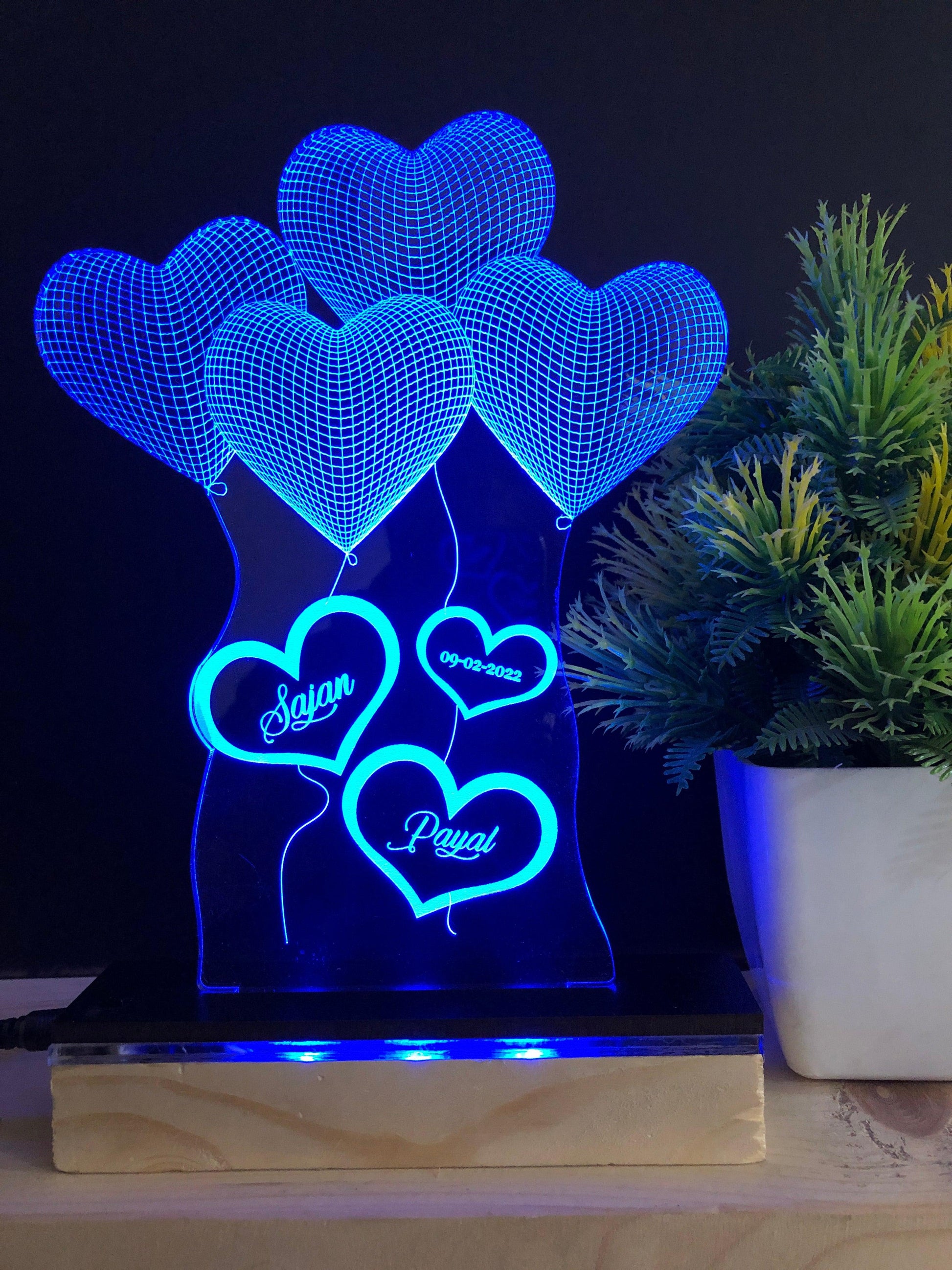 Customizable 4 Heart 3D Illusion Lamp with any Name and Date