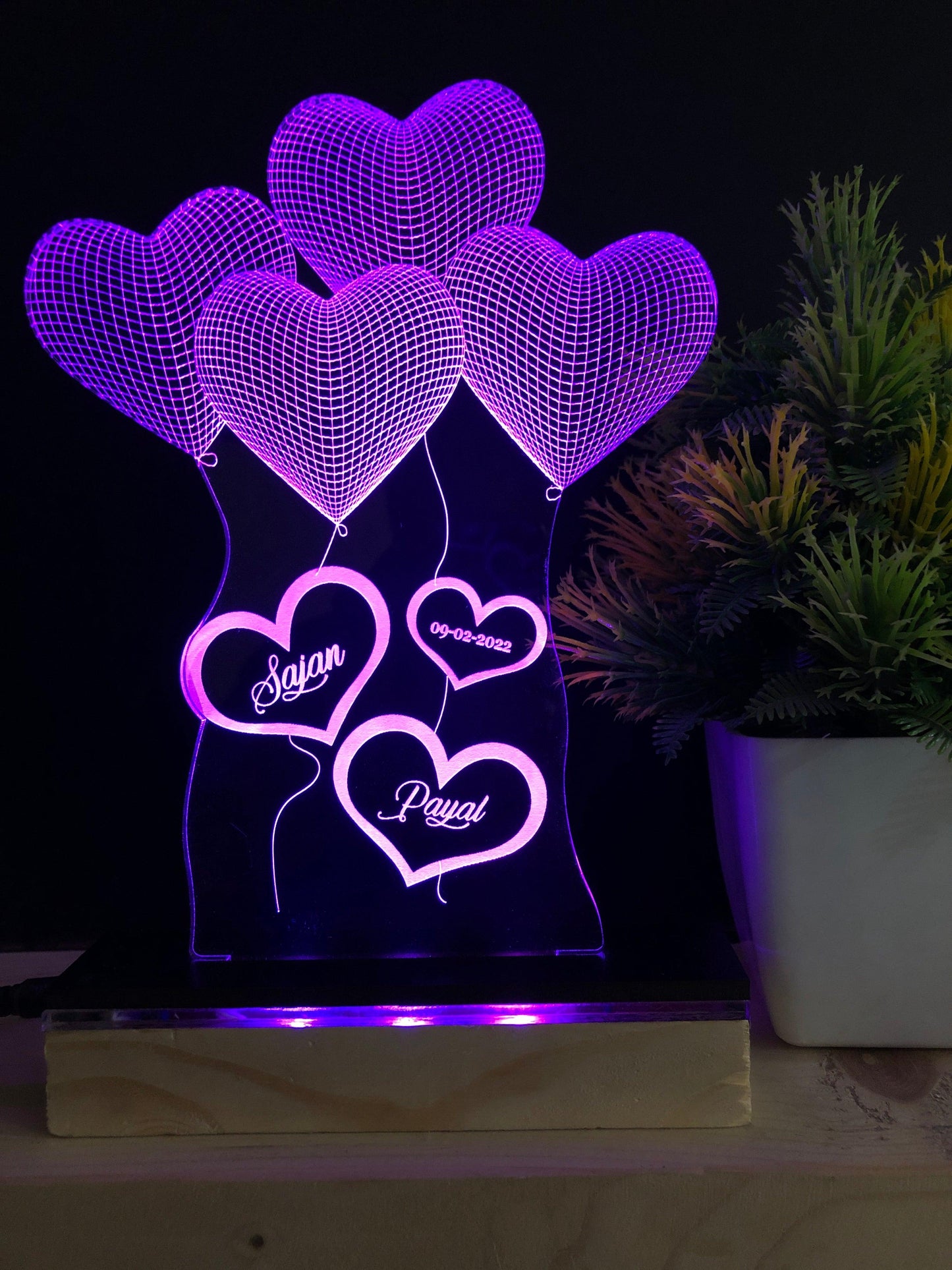 Customizable 4 Heart 3D Illusion Lamp with Name and Date