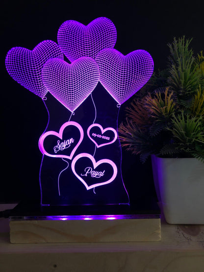 Customizable 4 Heart 3D Illusion Lamp with Name and Date