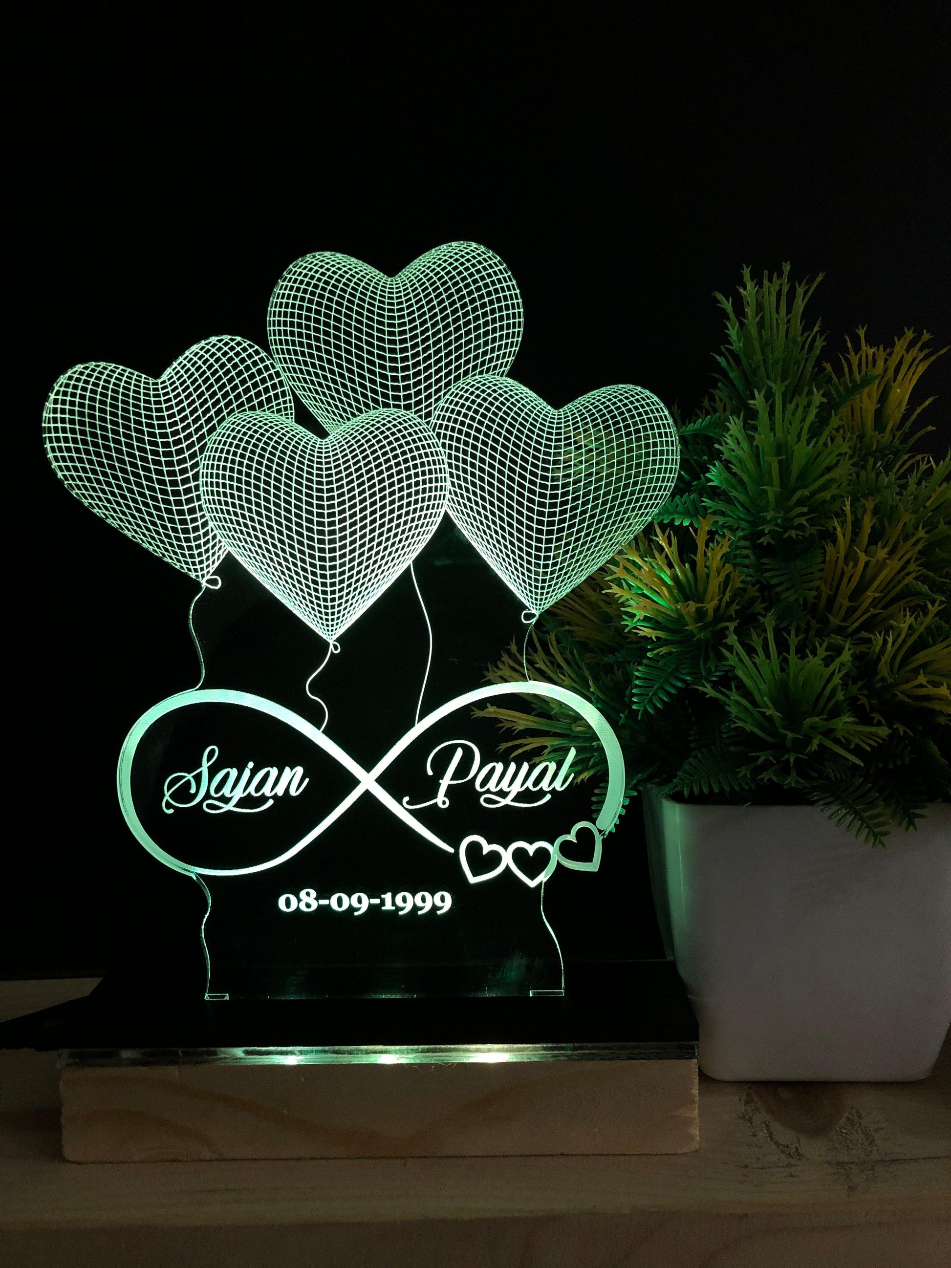 personalised 4 Heart Illusion Lamp